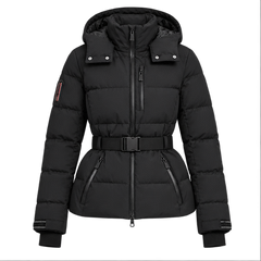 Eira | Women's Belted High Collar Zip Front Hooded Puffer Jacket — front
