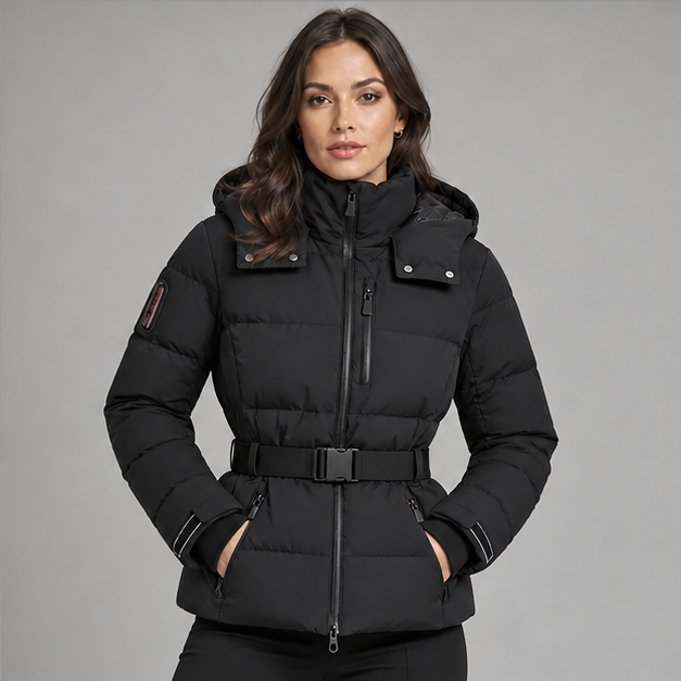 Eira | Women's Belted High Collar Zip Front Hooded Puffer Jacket — model