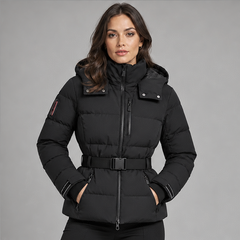 Eira | Women's Belted High Collar Zip Front Hooded Puffer Jacket — model