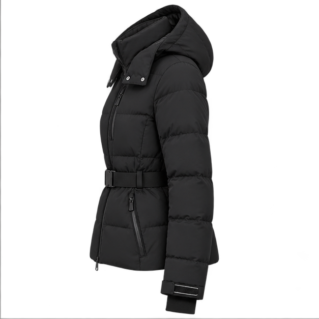 Eira | Women's Belted High Collar Zip Front Hooded Puffer Jacket — side