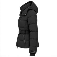 Eira | Women's Belted High Collar Zip Front Hooded Puffer Jacket — side