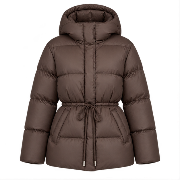 Brandi | Women's Drawstring Waist Zip Hooded Puffer Jacket — front