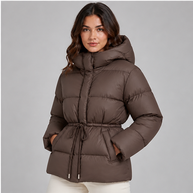 Brandi | Women's Drawstring Waist Zip Hooded Puffer Jacket — model