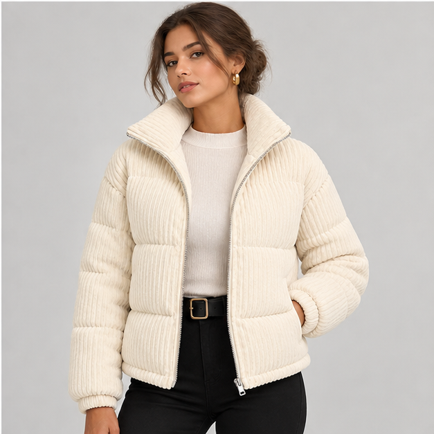 Gisella | Women's Zip Front Long Sleeve Corduroy Puffer Jacket — model