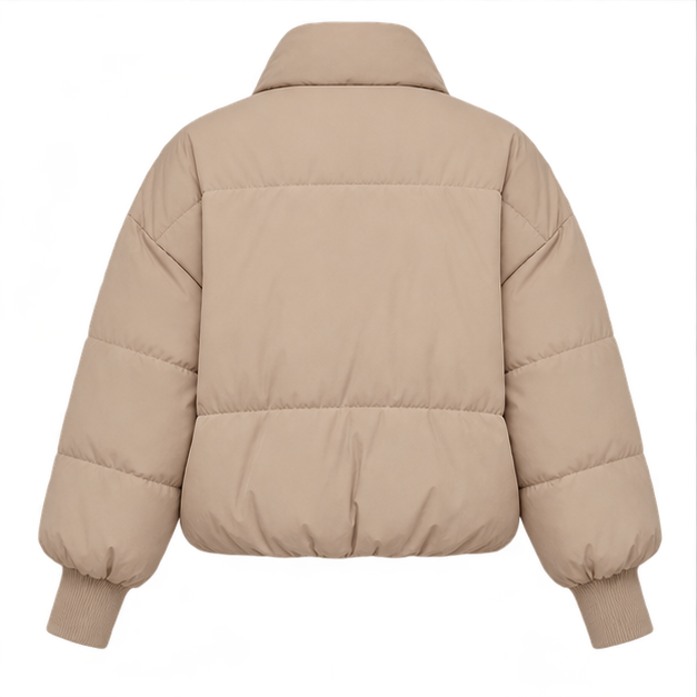 Marcy | Women's Zip Front Ribbed Cuffs Cropped Puffer Jacket — back