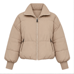 Marcy | Women's Zip Front Ribbed Cuffs Cropped Puffer Jacket — front