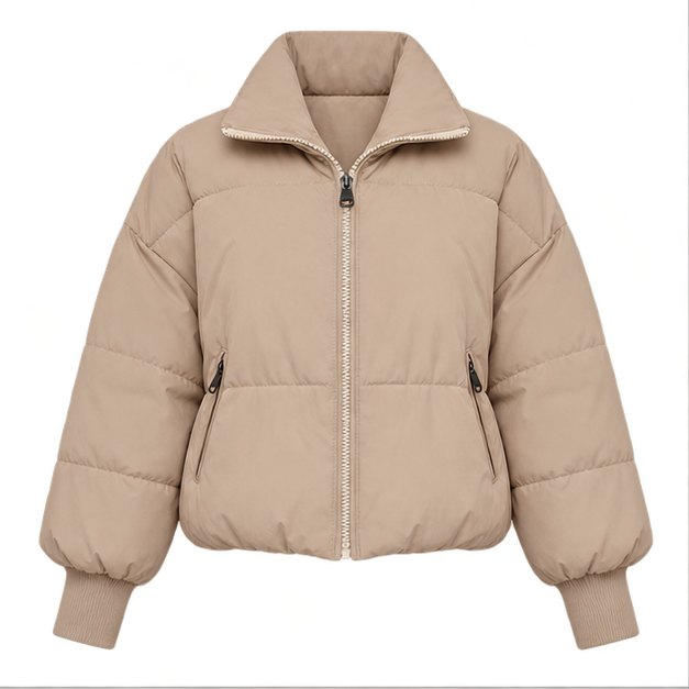 Marcy | Women's Zip Front Ribbed Cuffs Cropped Puffer Jacket — front