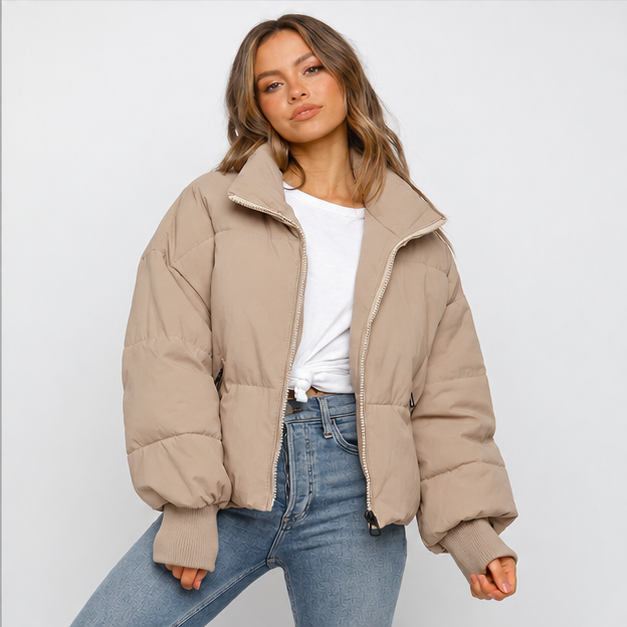 Marcy | Women's Zip Front Ribbed Cuffs Cropped Puffer Jacket — model