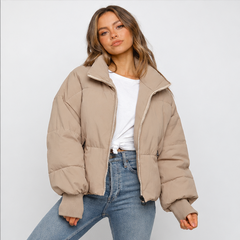 Marcy | Women's Zip Front Ribbed Cuffs Cropped Puffer Jacket — model
