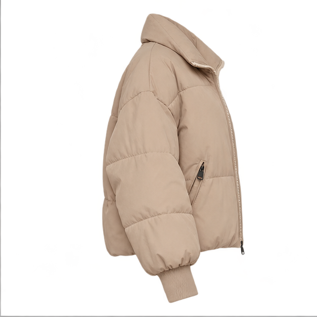 Marcy | Women's Zip Front Ribbed Cuffs Cropped Puffer Jacket — side