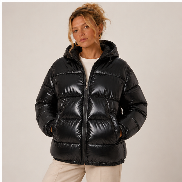 Zahara | Women's Zip Front Long Sleeve Glossy Puffer Jacket — model