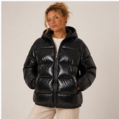 Zahara | Women's Zip Front Long Sleeve Glossy Puffer Jacket — model
