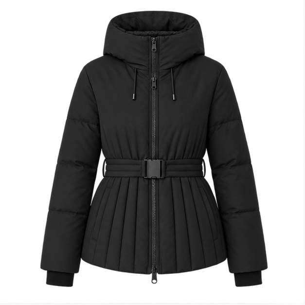 Minerva | Women's Hooded Belted Zip Front Quilted Puffer Jacket — front