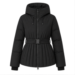 Minerva | Women's Hooded Belted Zip Front Quilted Puffer Jacket — front