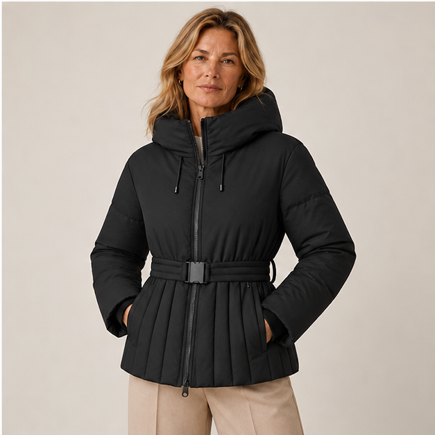 Minerva | Women's Hooded Belted Zip Front Quilted Puffer Jacket — model