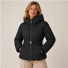Minerva | Women's Hooded Belted Zip Front Quilted Puffer Jacket — model