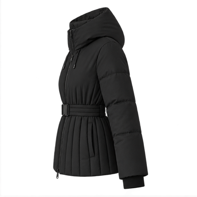 Minerva | Women's Hooded Belted Zip Front Quilted Puffer Jacket — side