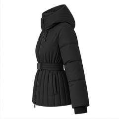Minerva | Women's Hooded Belted Zip Front Quilted Puffer Jacket — side