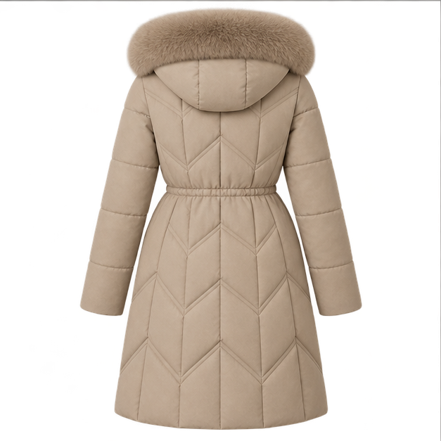 Christa | Women's Drawstring Waist Zip Front Long Puffer Jacket — back