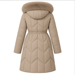 Christa | Women's Drawstring Waist Zip Front Long Puffer Jacket — back