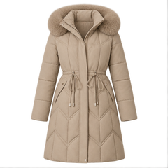 Christa | Women's Drawstring Waist Zip Front Long Puffer Jacket — front