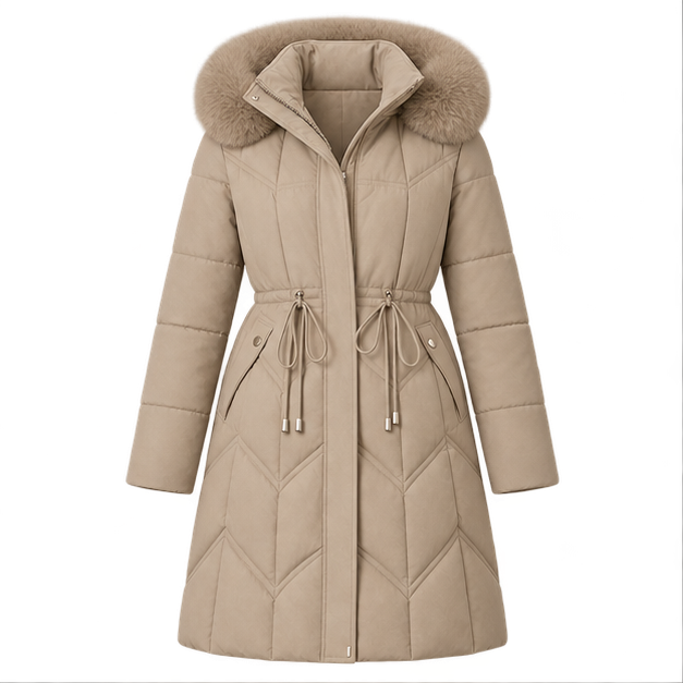 Christa | Women's Drawstring Waist Zip Front Long Puffer Jacket — front