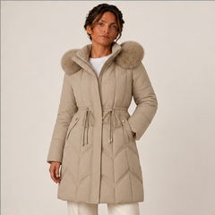 Christa | Women's Drawstring Waist Zip Front Long Puffer Jacket — model