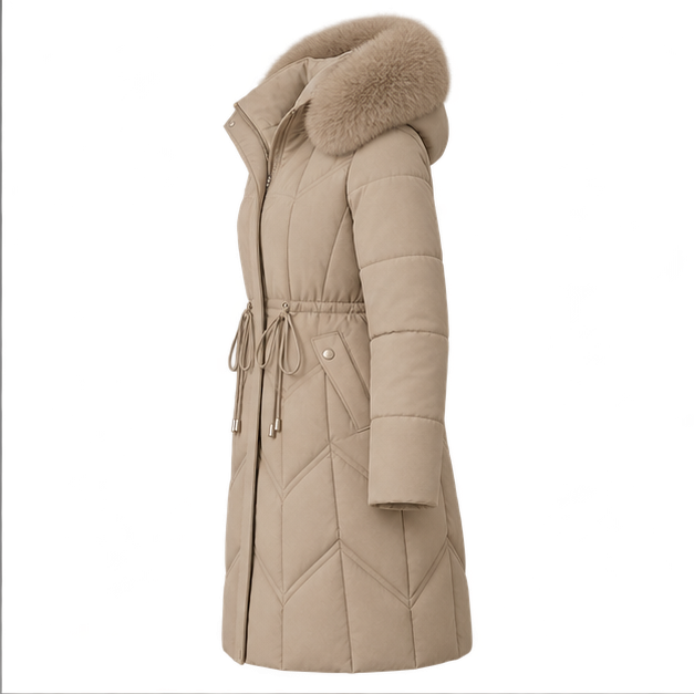 Christa | Women's Drawstring Waist Zip Front Long Puffer Jacket — side
