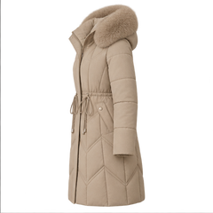 Christa | Women's Drawstring Waist Zip Front Long Puffer Jacket — side