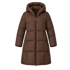 Cece | Women's Hooded Zip Front Side Pockets Long Quilted Puffer Jacket — front