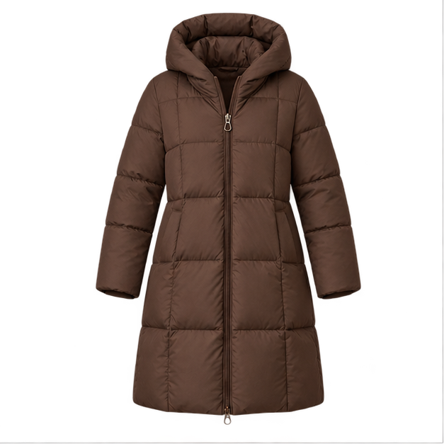 Cece | Women's Hooded Zip Front Side Pockets Long Quilted Puffer Jacket — front