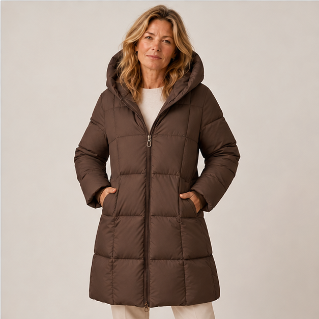Cece | Women's Hooded Zip Front Side Pockets Long Quilted Puffer Jacket — model