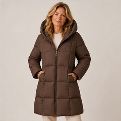 Cece | Women's Hooded Zip Front Side Pockets Long Quilted Puffer Jacket — model