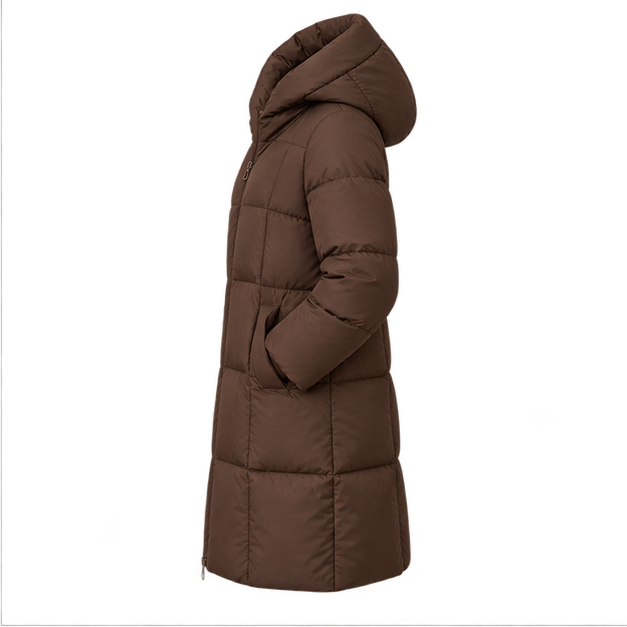 Cece | Women's Hooded Zip Front Side Pockets Long Quilted Puffer Jacket — side