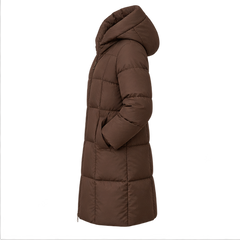 Cece | Women's Hooded Zip Front Side Pockets Long Quilted Puffer Jacket — side