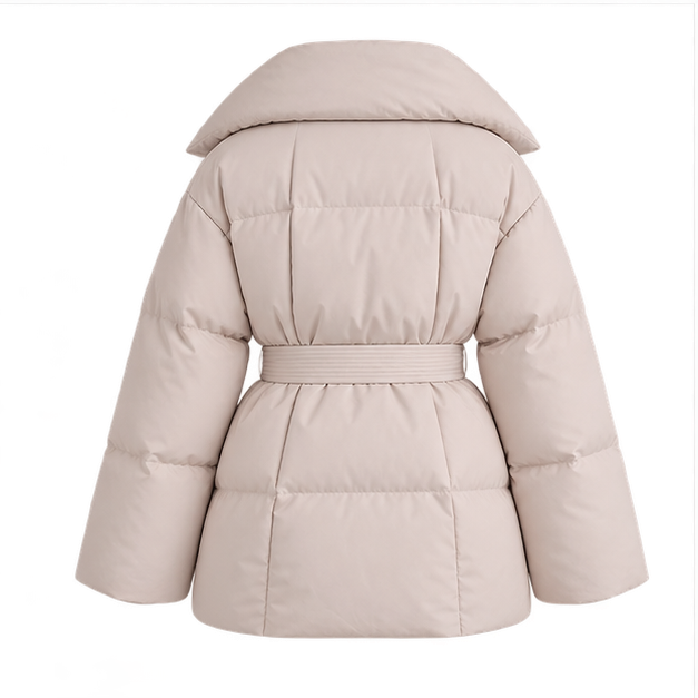 Perla | Women's Oversized Collar Tie Belt Long Sleeve Puffer Jacket — back