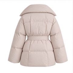 Perla | Women's Oversized Collar Tie Belt Long Sleeve Puffer Jacket — back