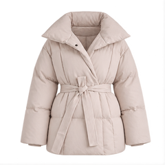 Perla | Women's Oversized Collar Tie Belt Long Sleeve Puffer Jacket — front