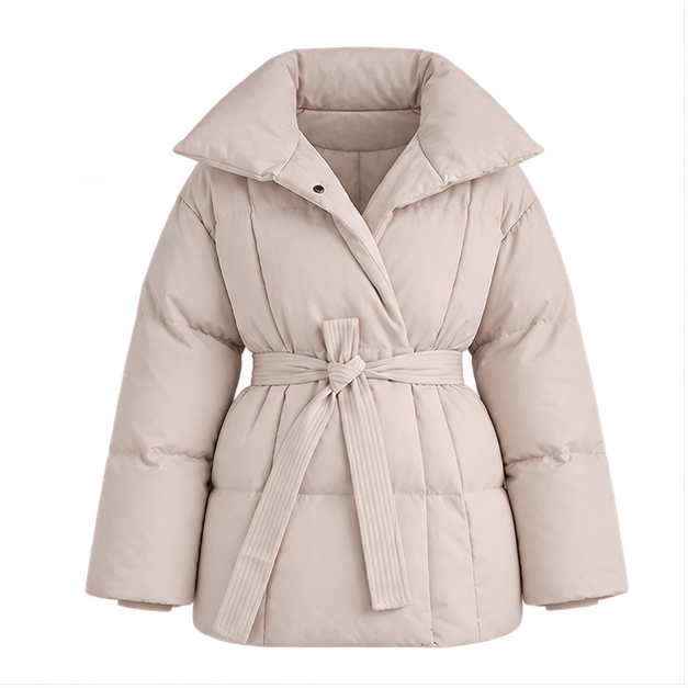Perla | Women's Oversized Collar Tie Belt Long Sleeve Puffer Jacket — front
