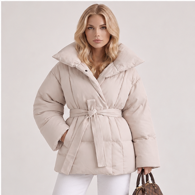 Perla | Women's Oversized Collar Tie Belt Long Sleeve Puffer Jacket — model