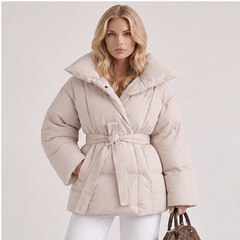 Perla | Women's Oversized Collar Tie Belt Long Sleeve Puffer Jacket — model
