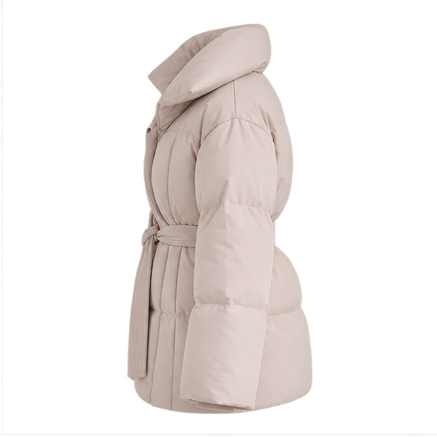 Perla | Women's Oversized Collar Tie Belt Long Sleeve Puffer Jacket — side