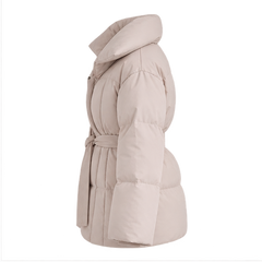 Perla | Women's Oversized Collar Tie Belt Long Sleeve Puffer Jacket — side