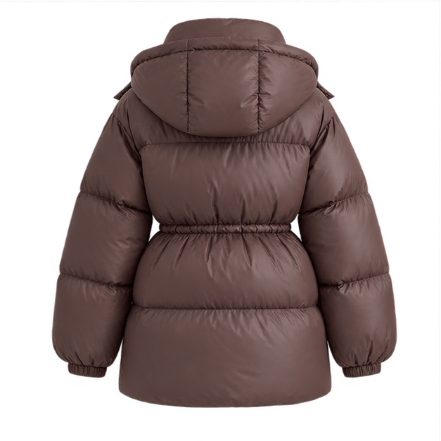 Delcie | Women's Hooded Drawstring Waist Zip Front Puffer Jacket — back