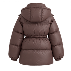 Delcie | Women's Hooded Drawstring Waist Zip Front Puffer Jacket — back