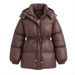 Delcie | Women's Hooded Drawstring Waist Zip Front Puffer Jacket — front
