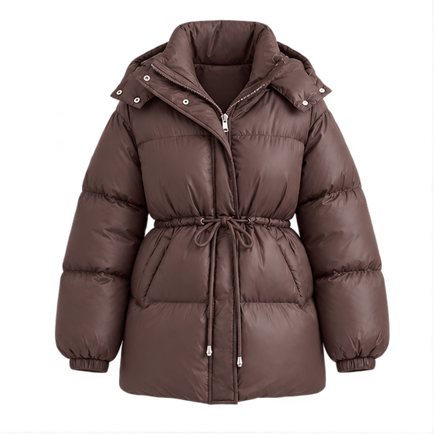 Delcie | Women's Hooded Drawstring Waist Zip Front Puffer Jacket — front