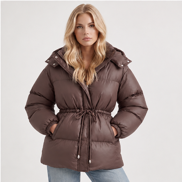 Delcie | Women's Hooded Drawstring Waist Zip Front Puffer Jacket — model