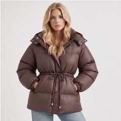 Delcie | Women's Hooded Drawstring Waist Zip Front Puffer Jacket — model