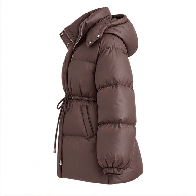 Delcie | Women's Hooded Drawstring Waist Zip Front Puffer Jacket — side